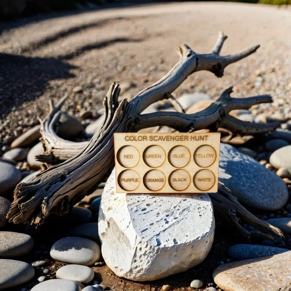 An Exciting Color Scavenger Hunt Game for Kids' Outdoor Fun, designed by Mirabilia Boutique, features circular slots labeled with colors. It's propped against smooth stones and driftwood on a rocky surface, with sunlight casting shadows that highlight the textures of this eco-friendly outdoor toy among the stones and wood.