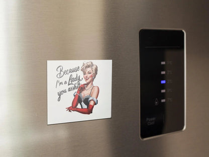 Mirabilia Boutique's Snarky Magnet: Because I'm a Lady You Asshat features a vintage-style illustration of a smiling woman wearing red gloves and jewelry, with the bold text "Because I’m a lady, you ass." Adding this magnet to your stainless steel refrigerator door next to the digital control panel brings an empowering touch of humor.