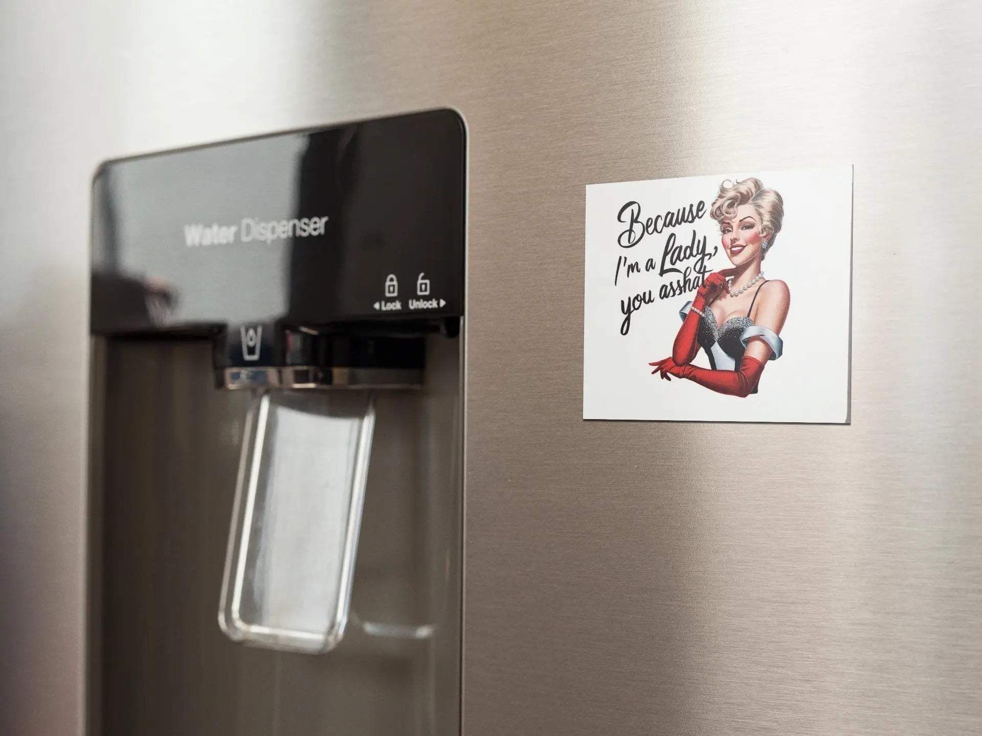 A stainless steel refrigerator with a water dispenser on the left side. On the right side, there's a Mirabilia Boutique magnet featuring a vintage illustration of a woman with blonde hair, red gloves, and the text, "Because I'm a Lady You Asshat.