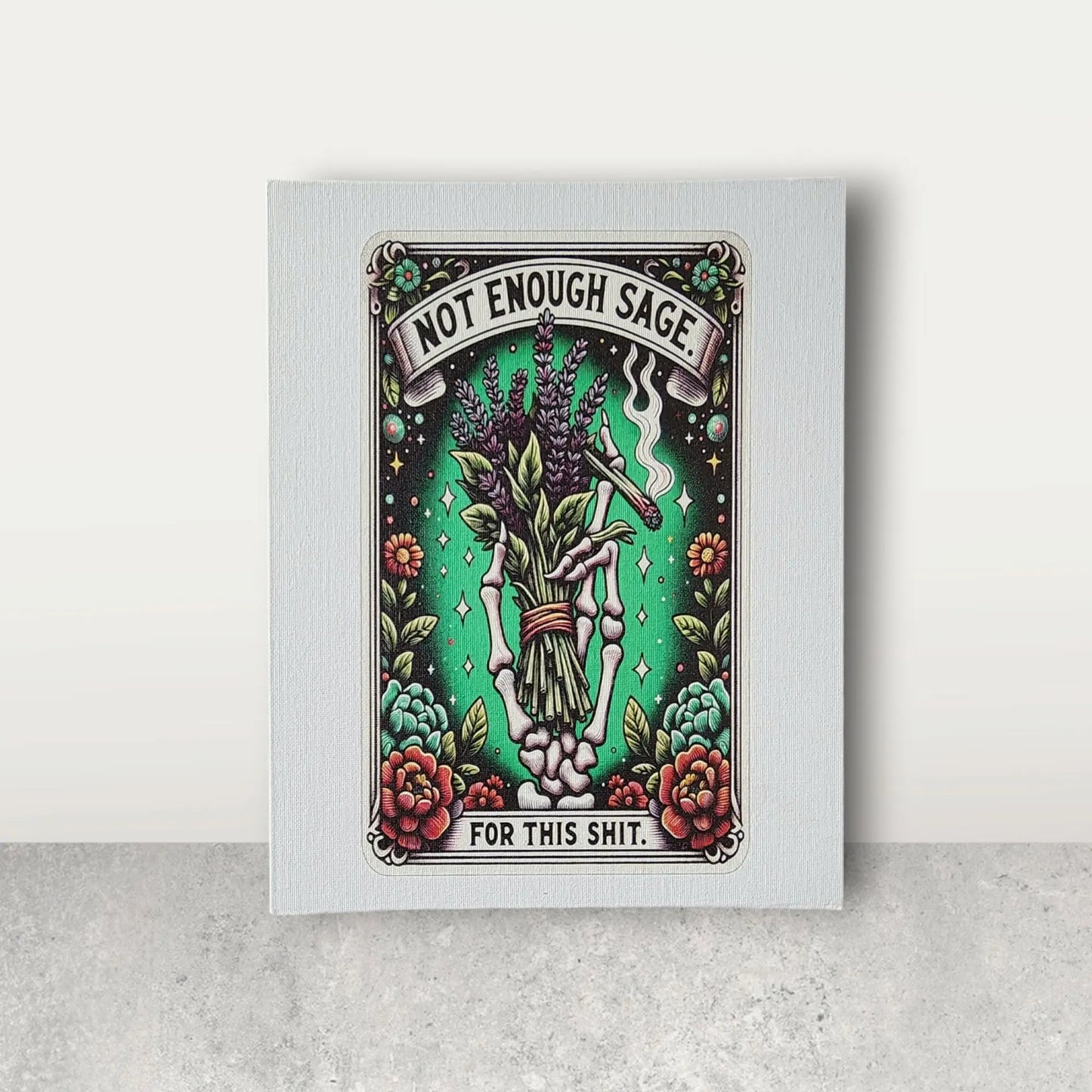 The "Humorous Sage Quote Wall Art Print for Home or Office Decor" by Mirabilia Boutique features a vibrant illustration on canvas of a hand holding a bouquet of herbs, including sage, set against a green background. The humorous text reads "Not Enough Sage for This Shit," accompanied by charming floral and leaf designs. It's perfect as a whimsical gift!